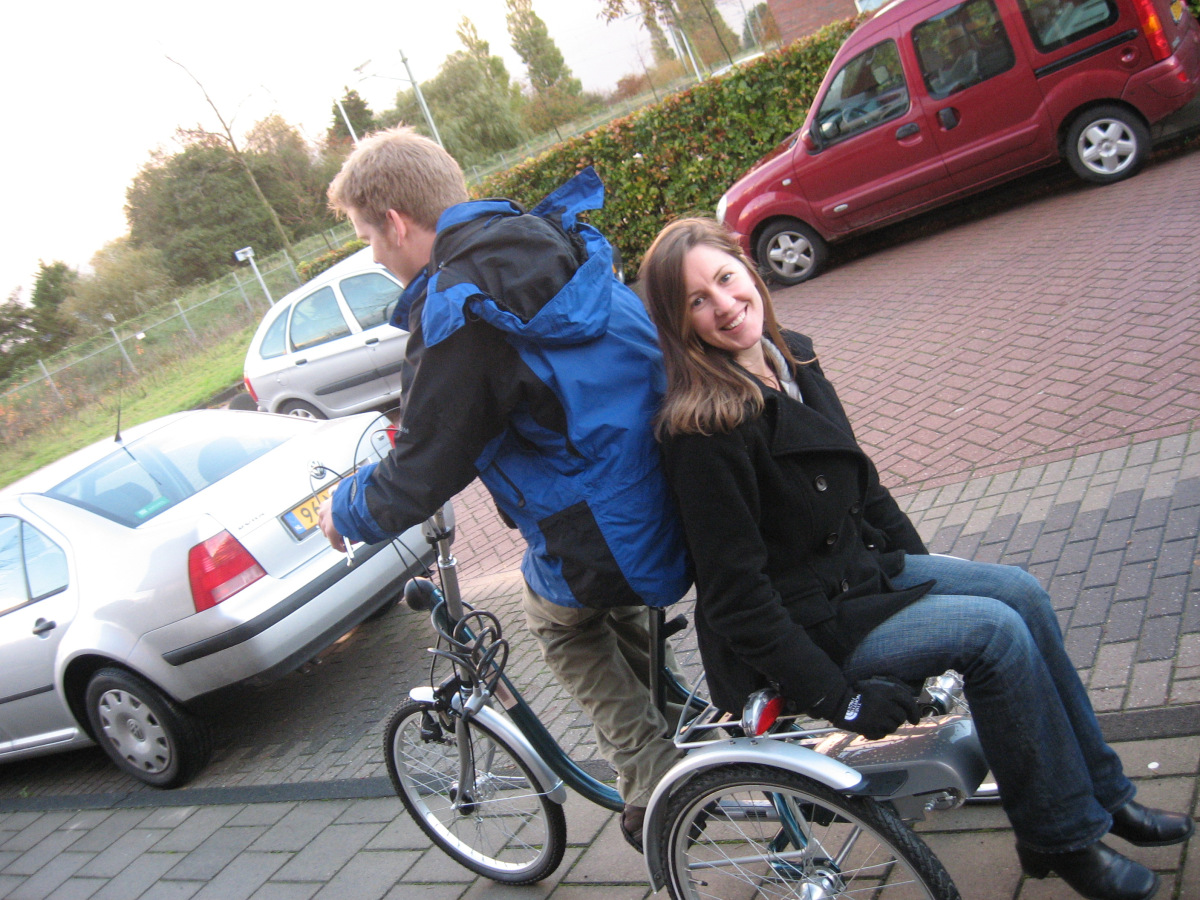 Julie enjoying a ride on her husband's tri-cycle.